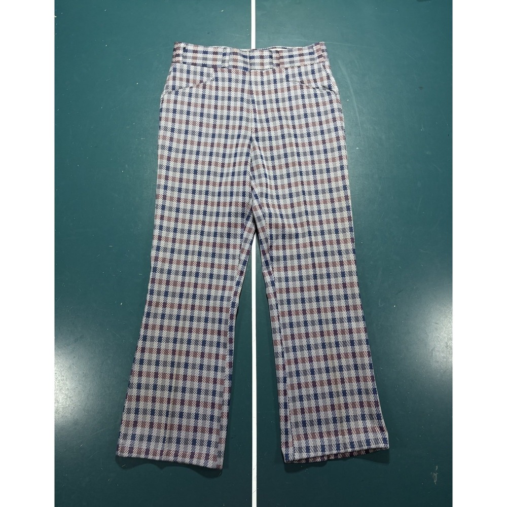 Vtg 70s Montgomery Ward‎ Disco Flare Pants 33x30 High Rise Red Blue Plaid Check